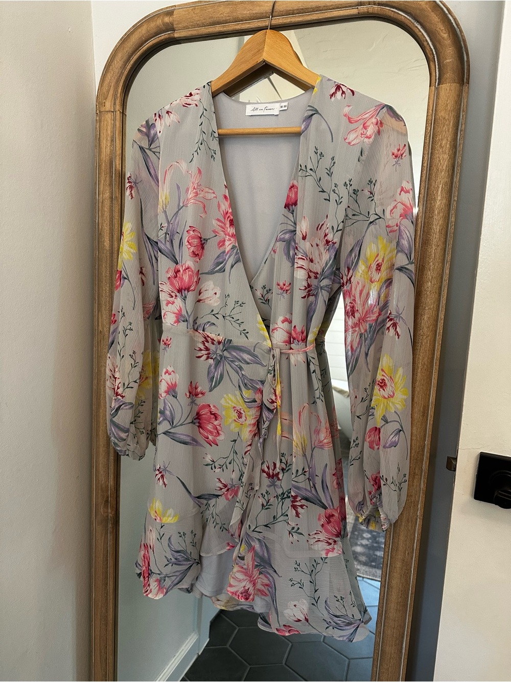 Floral Wrap Mini Dress in Light Gray with Pink & Yellow Blooms
